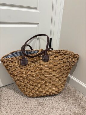 San Diego Hat Company Woven Tan Straw Tote with Brown Handles